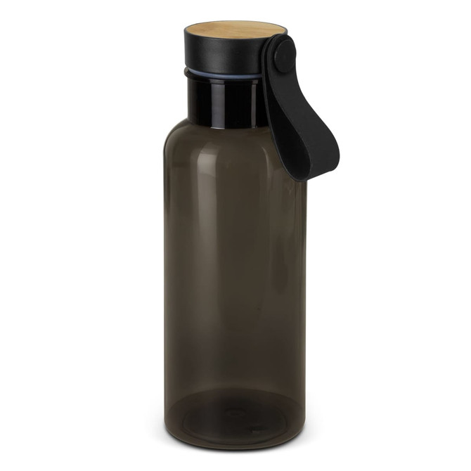 A drink bottle made of translucent grey materials with a black lid and strap, featuring a wooden accent.