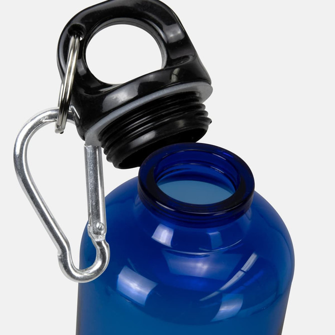 A drink bottle in vibrant blue with a black lid and a metal carabiner latch. It has a sleek design and a logo.