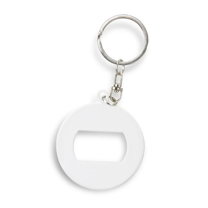 A drink bottle opener key ring in white, featuring a circular design and a silver metal key ring attachment.