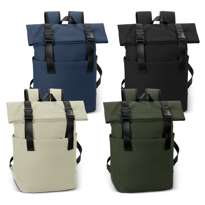 A collection of ARCHER Soft-Touch Flap Backpacks in navy, black, cream, and olive green, featuring straps and pockets.