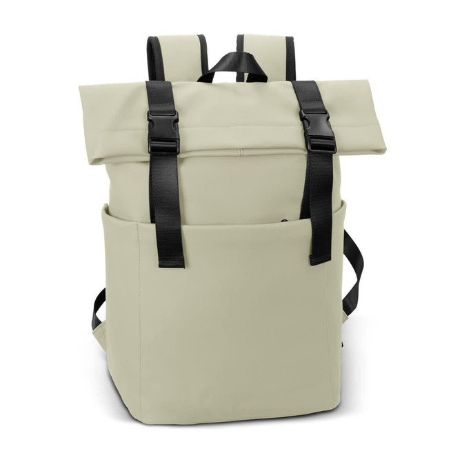 A soft-touch flap backpack in cream with black straps and a front pocket. It features a minimalistic design.
