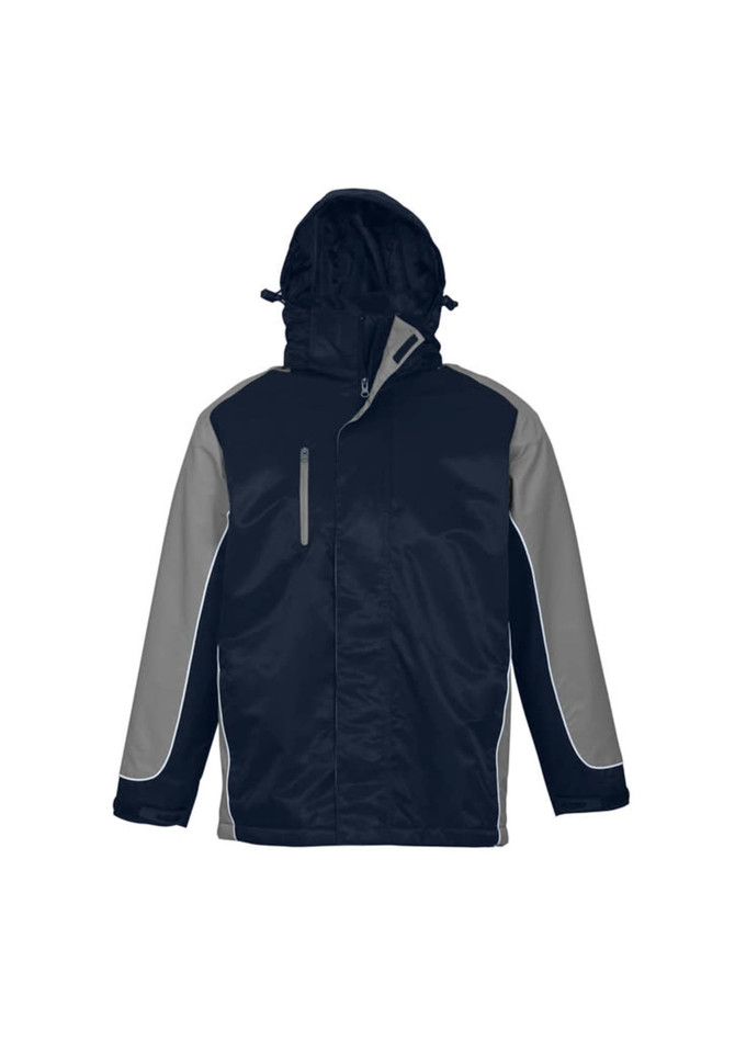 A unisex jacket in navy blue and grey with a hood and a logo present on the front.