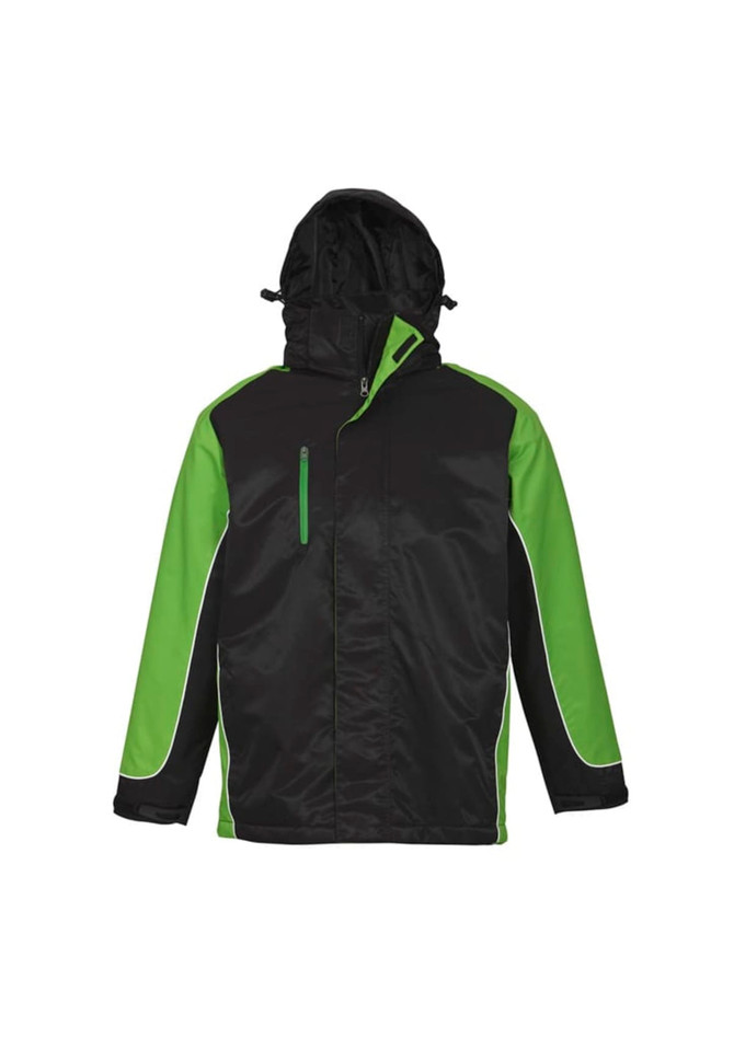 A unisex jacket in black with green accents and a hood, featuring a logo on the front.
