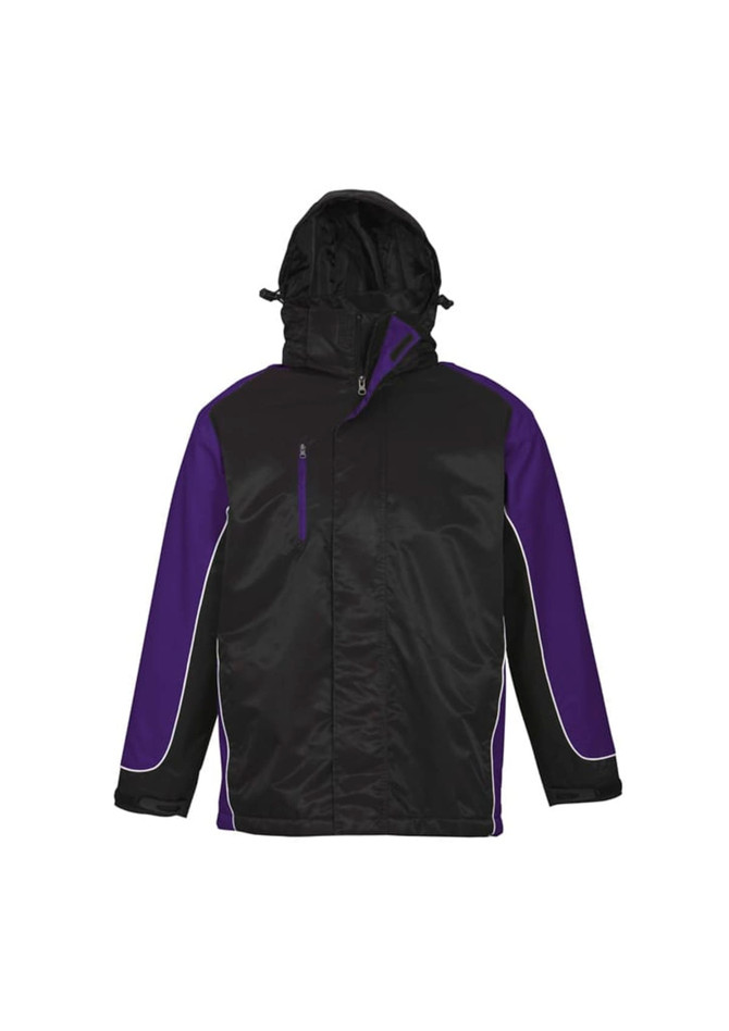 A black and purple unisex jacket with a hood and a zippered pocket, featuring a logo.