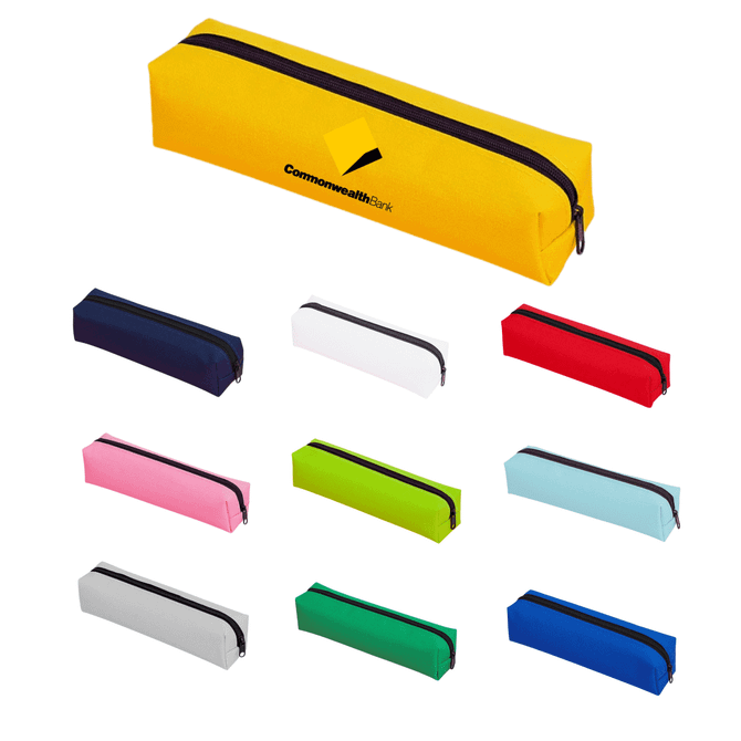 A yellow polyester pencil case with a zipper, alongside various other coloured pencil cases in pink, green, blue, red, white, and navy.