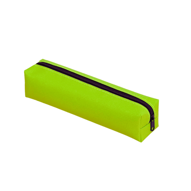 A bright green polyester pencil case with a dark purple zipper. It features a simple rectangular design.