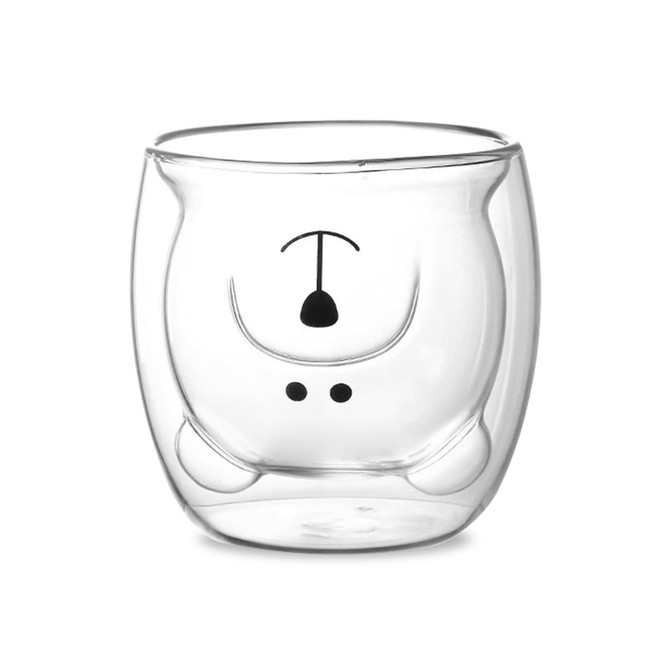 A double wall glass in a clear finish, featuring a bear face design with black accents and a logo.