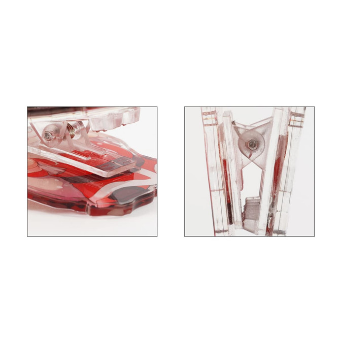 Acrylic UV print clip in red and clear, featuring a sleek design and a logo.