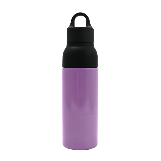 A drink bottle made of recycled stainless steel in a lavender and black design, featuring a handle and a logo.