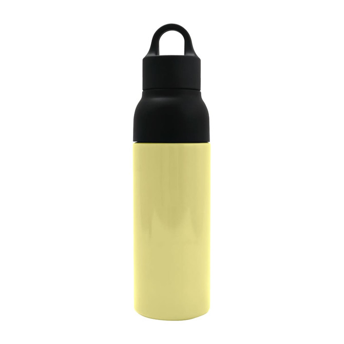 A drink bottle made of stainless steel with a glossy yellow body and a black lid. It features a logo.