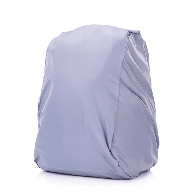 A light grey backpack with a streamlined design, featuring storage pockets and a logo.