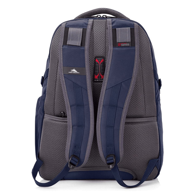 A navy and grey backpack featuring padded shoulder straps and a logo on the front.