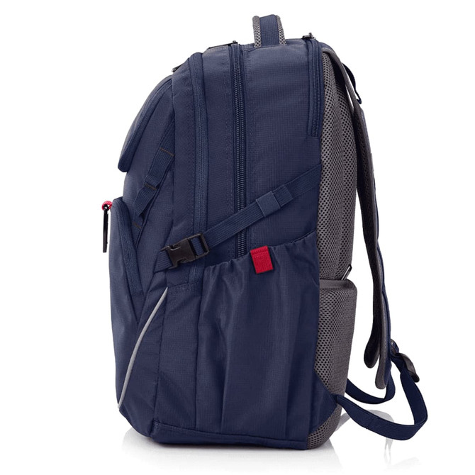 A blue and grey backpack with adjustable straps and a mesh side pocket. It features a logo on the surface.