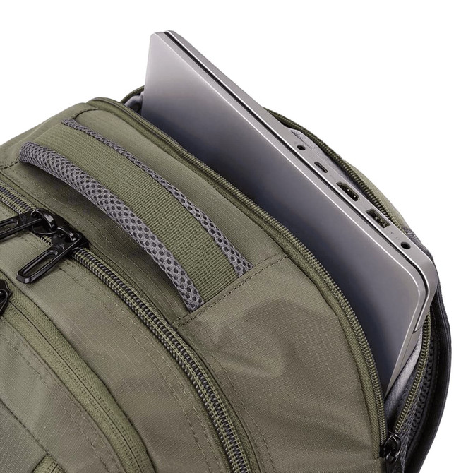 A green backpack containing a laptop in an internal sleeve. It features multiple zippered pockets.