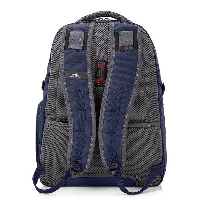 A grey and navy backpack featuring padded shoulder straps and a logo, designed for comfort and functionality.