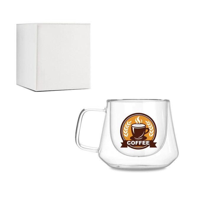 A double wall glass mug with a rounded design and a handle, presented with a plain white box.