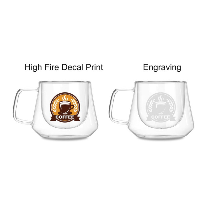 A clear double wall glass mug with a handle, featuring a high fire decal print and an engraved design.