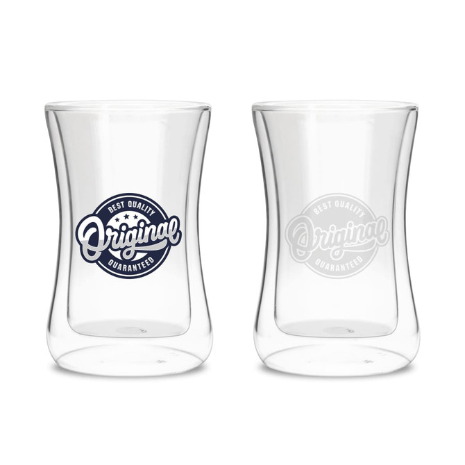 A drink bottle featuring double wall glass, transparent design with a logo on one side and plain on the other.