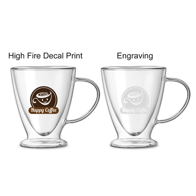A V-shaped double wall mug in clear glass, featuring a logo and two different print styles for decoration.