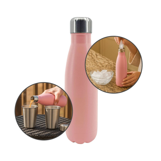 A drink bottle in pink with a stainless steel cap, featuring a logo and an ergonomic design.