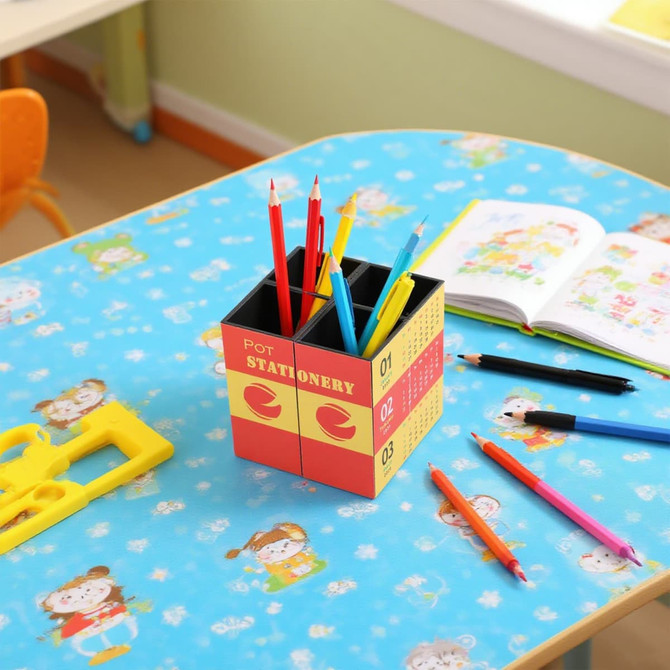 A four-panel foldable pen holder in red, yellow, and black, filled with vibrant pens and sitting on a playful tablecloth.
