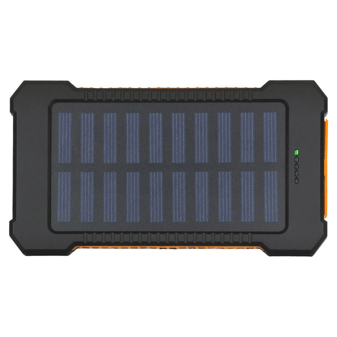 A solar power bank in black and orange with a textured surface and solar panel design. It features a logo.