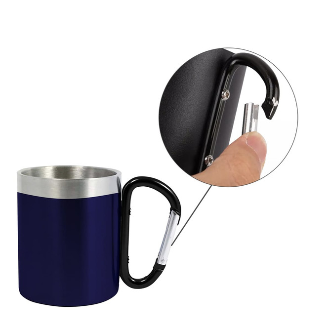 A drink mug featuring a navy blue exterior, stainless steel interior, and a black carabiner handle.