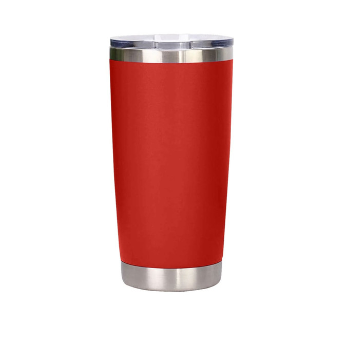A drink bottle made of recycled stainless steel with a red exterior and a double wall, featuring a silver trim and a lid.