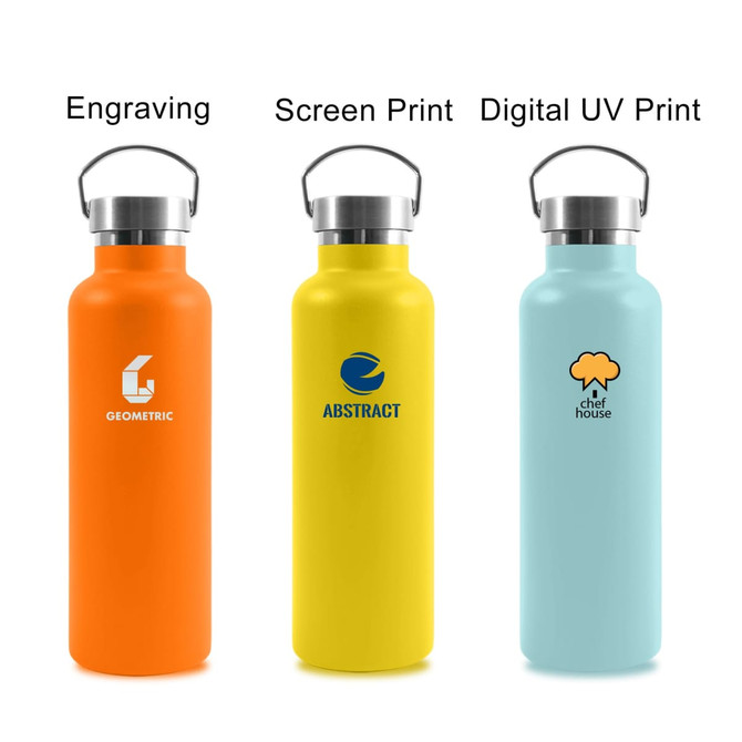 A drink bottle collection featuring orange, yellow, and light blue insulated stainless steel designs with logos.