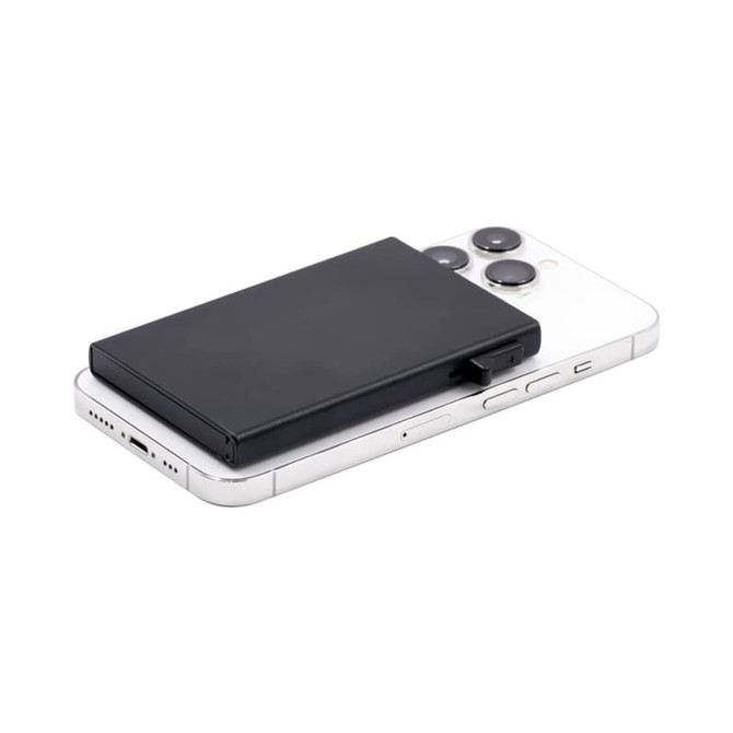 A black RFID case positioned on top of a smartphone, with a sleek design and minimalistic appearance.