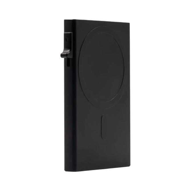 A black RFID blocking case with a circular design, featuring a clip for easy attachment.