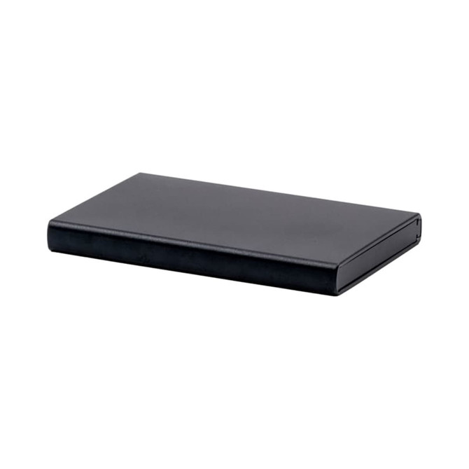 A black RFID case with a sleek, slim design and a smooth finish. It features a logo.