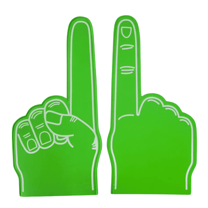 Two large green EVA foam hand supporters, one with a closed fist and the other with a pointing finger, featuring a logo.