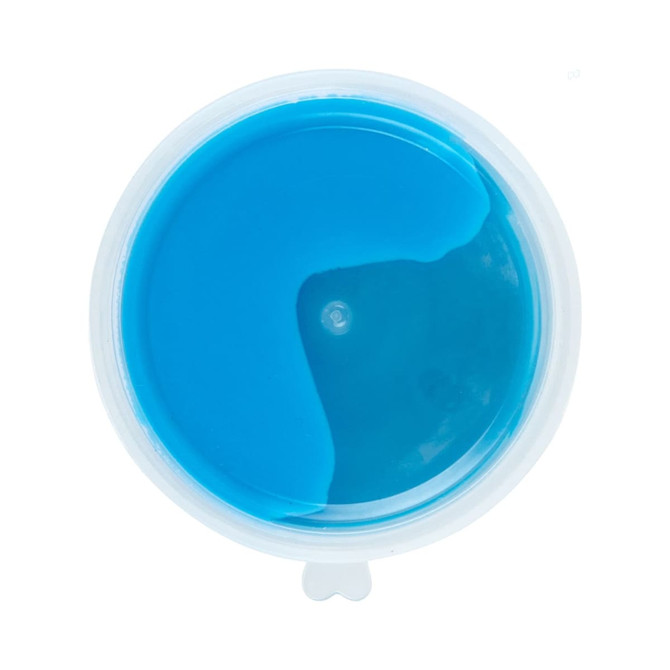 A container of blue putty with a smooth, glossy surface, featuring a clear lid.