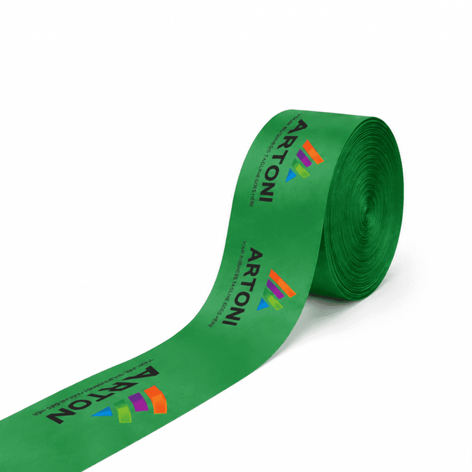 A green ribbon rolls out with logos and designs along its length, suitable for grand openings and promotions.