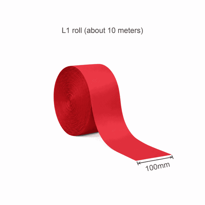 A roll of bright red ribbon, 100mm wide and approximately 10 metres long, with a smooth finish.