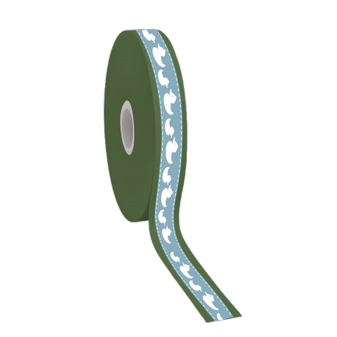 A roll of satin polyester ribbon in green with a full-colour blue and white cloud pattern. It has a logo on the spool.