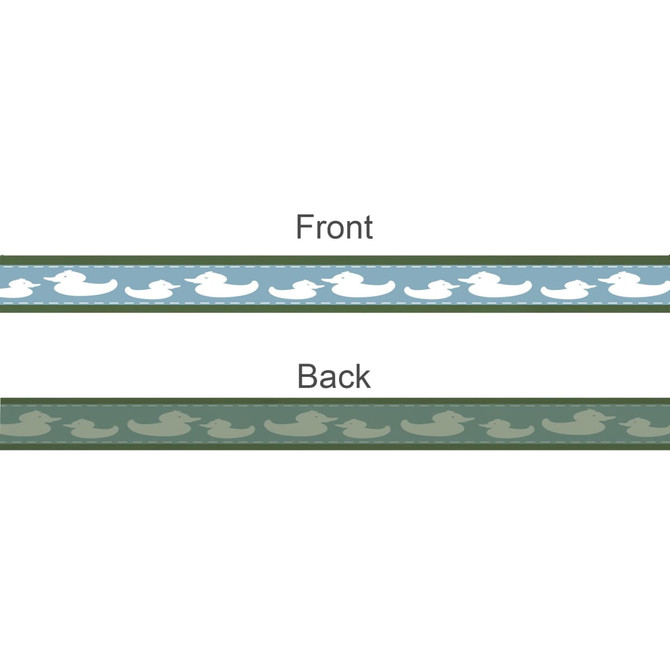 A ribbon featuring a repeating duck pattern in light blue on the front and dark green on the back, with a logo present.