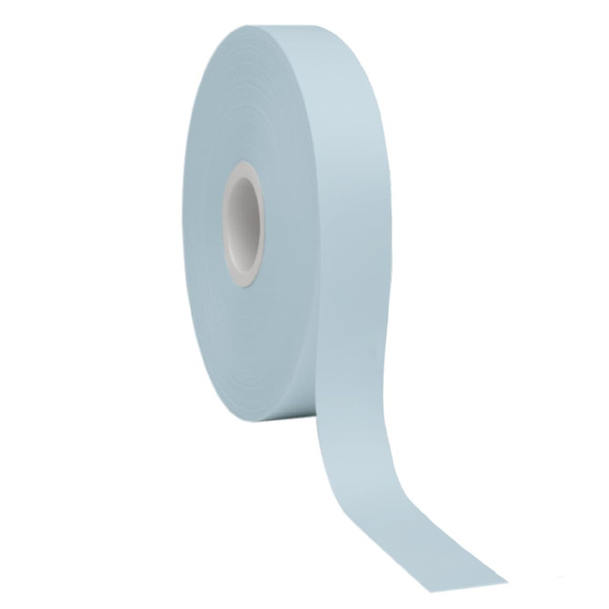 A roll of light blue satin polyester ribbon with a smooth texture and a central spool.