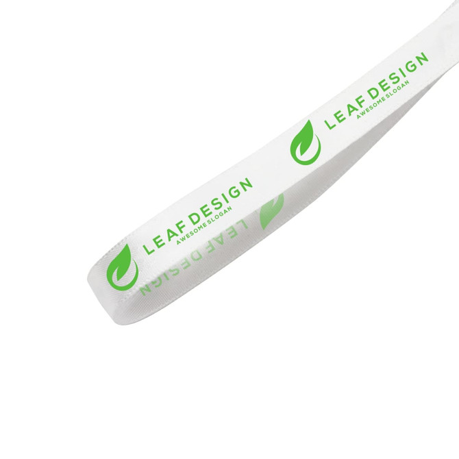 A white satin polyester ribbon with a green logo and text printed on it.