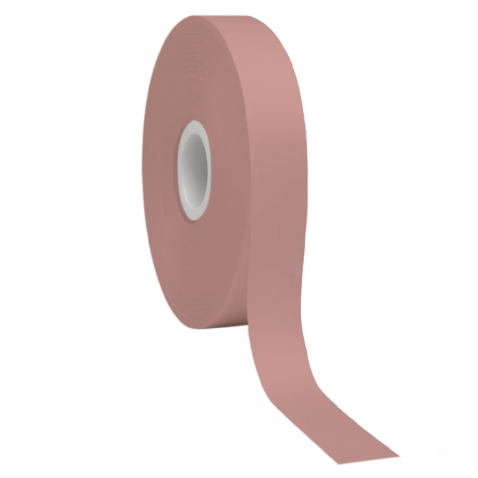 A roll of satin polyester ribbon in a soft pink colour, displaying a smooth, even finish. It features a logo.