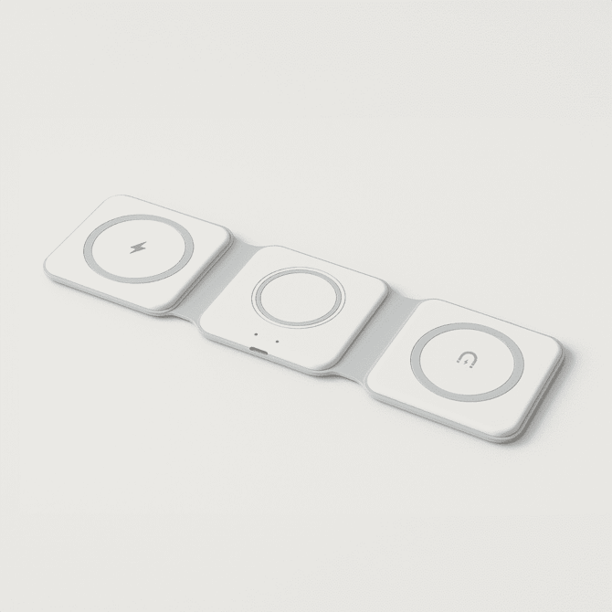 A white Matrix 3-in-1 MagSafe wireless charger with three circular charging areas and a logo.