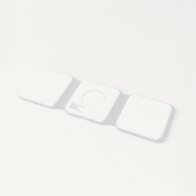 A white Matrix 3-in-1 MagSafe wireless charger with three charging pads and a round centre section.