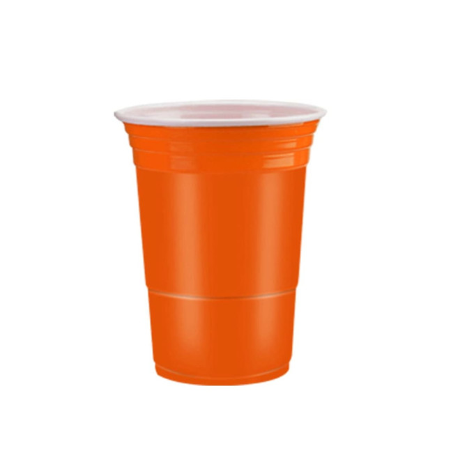 An orange party cup with a white lid, featuring a branded logo.