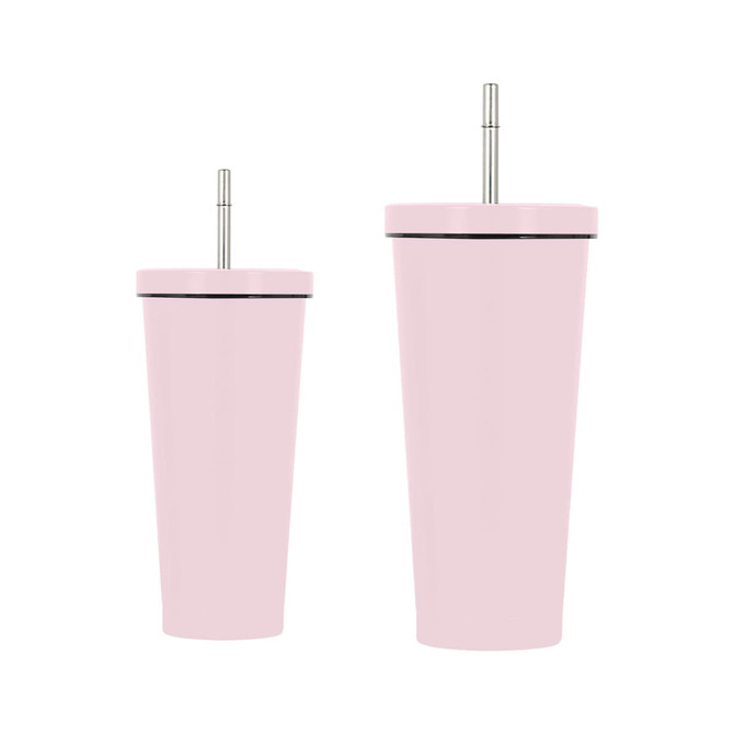 A drink bottle set featuring two pink double wall stainless steel tumblers with straws and a logo.