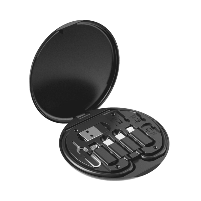 A round black kit containing various charging cables and connectors, neatly organised in a circular case.