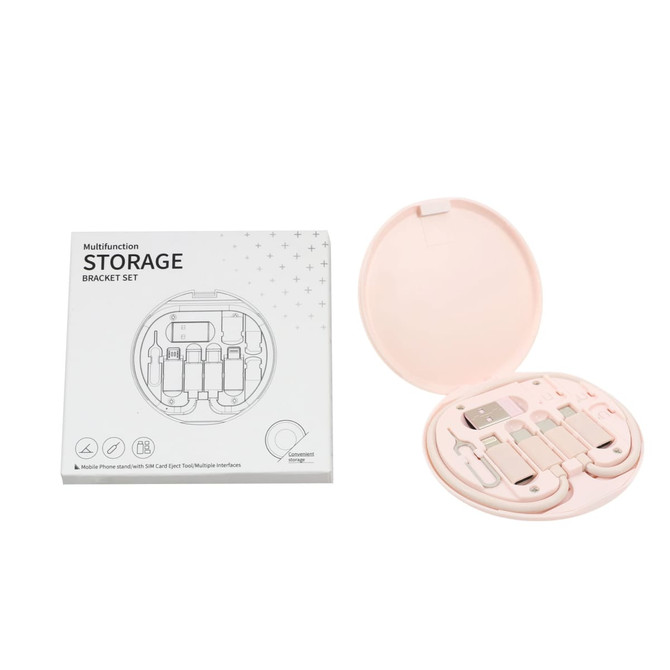 A pink circular cable kit enclosed in a round case, featuring various charging cables and connectors.