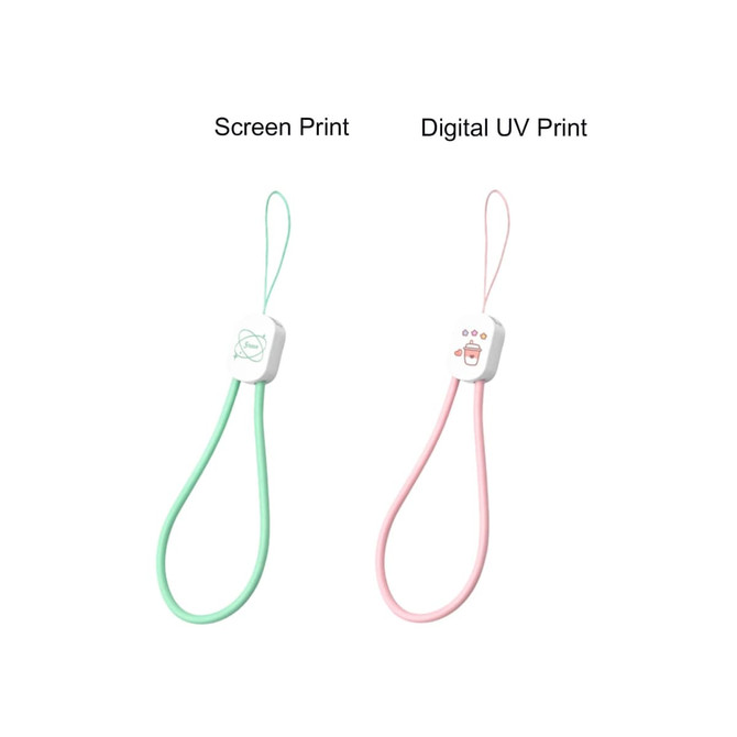A green and a pink charging phone strap with a logo on each, featuring different print designs.