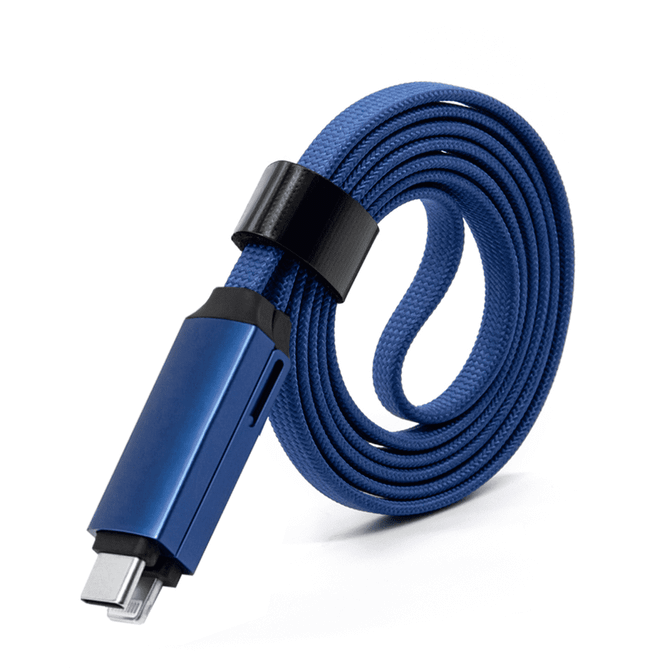 A blue 60W Long 3-In-1 charging cable, featuring a braided design and a sleek connector. It has a logo on the connector.