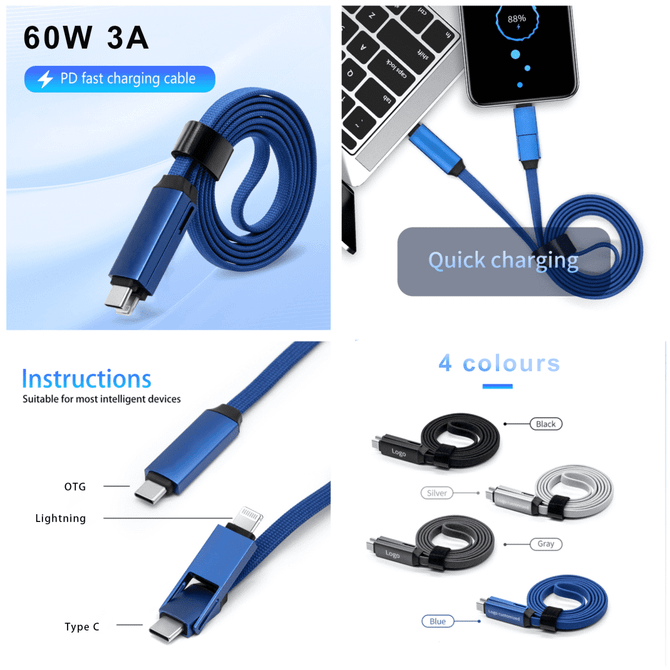 A blue 60W long 3-in-1 charging cable with USB-C, Lightning, and micro USB connectors, featuring a logo.